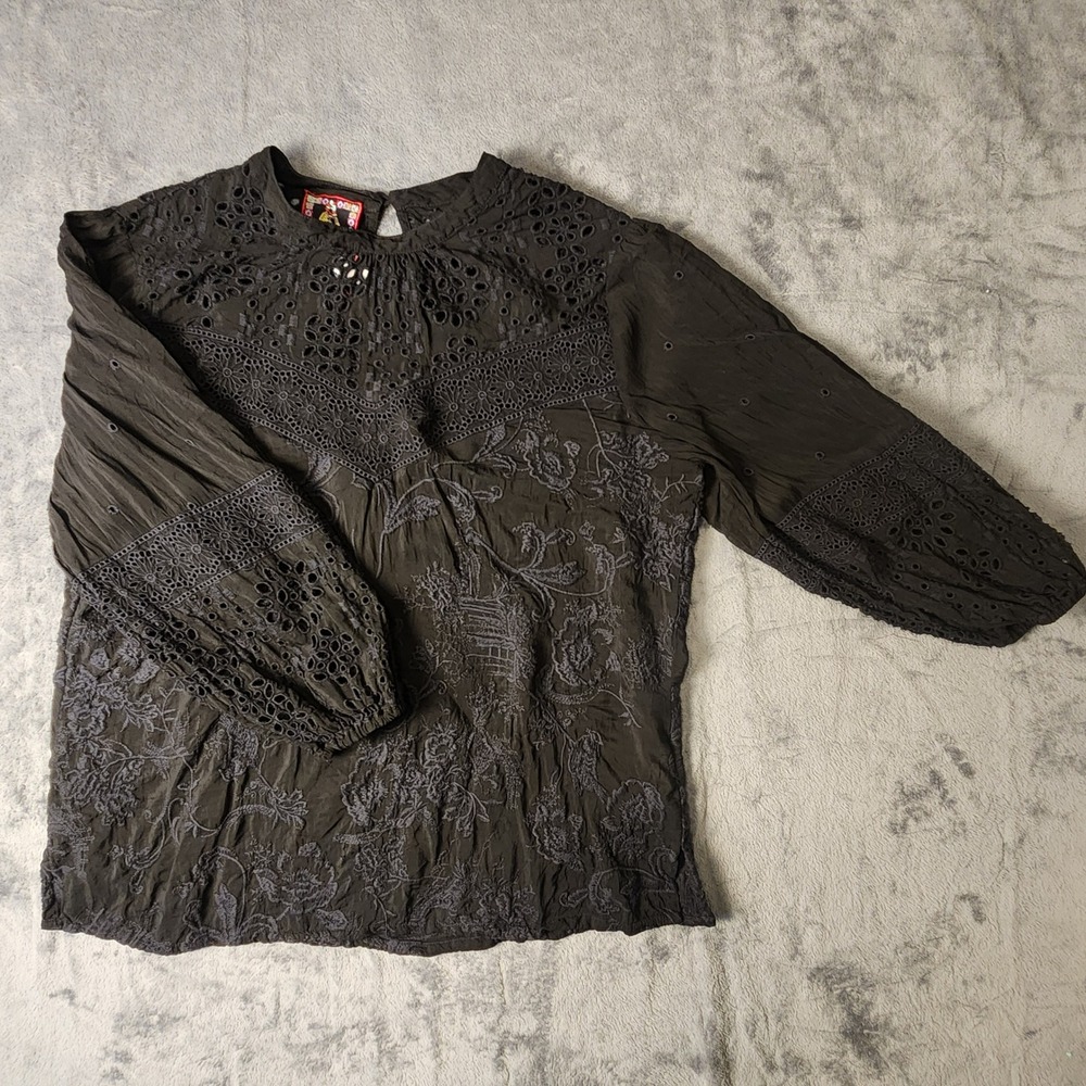 Johnny Was Blouse M Black Cupra Rayon Embroidered Eyelet Lace Boho C14022-9